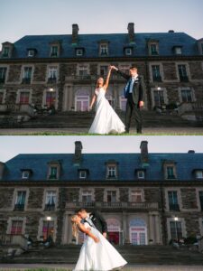 A bride and groom dance and pose in front of a grand stone mansion, first twirling, then dipping, both smiling in their wedding attire at twilight.