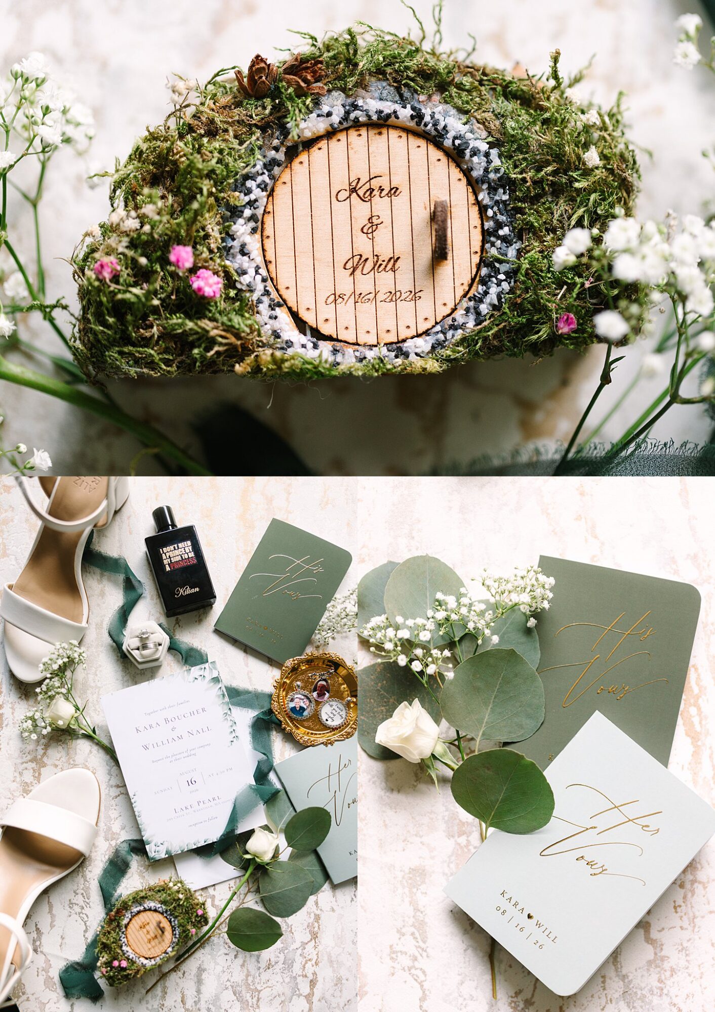 A mossy ring box with a wooden lid sits among wedding invitations, rings, perfume, flowers, and shoes on a marble surface, creating a romantic wedding flat lay arrangement.