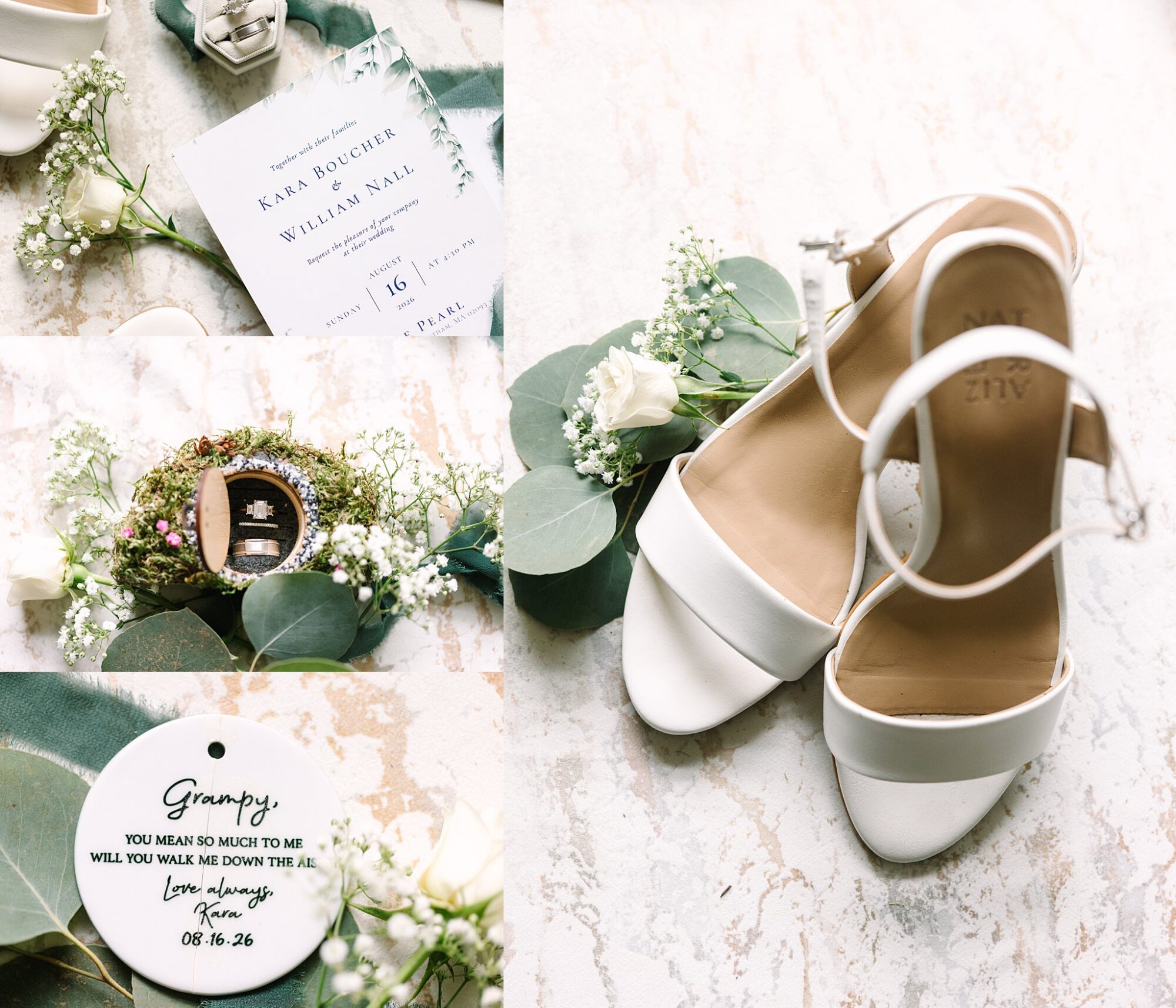 Flat lay of wedding items: white heels, invitation, ring in moss holder, white roses, greenery, and a round tag reading Grampy, Will you walk me down the aisle? Love, Karsyn. 08.16.26..