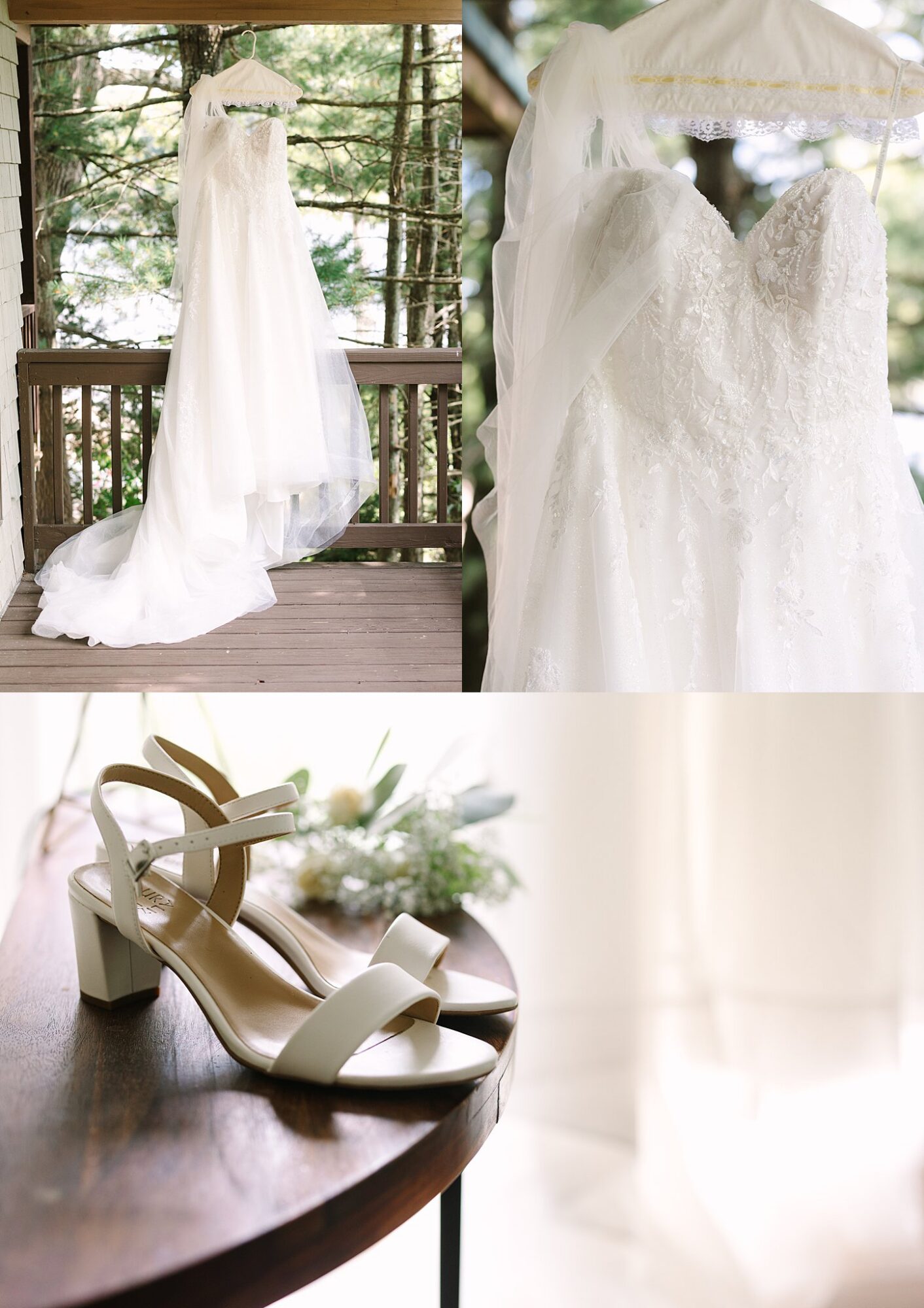 A white lace wedding dress hangs on a porch and is shown close-up. Below, a pair of ivory block-heeled sandals sit on a wooden table in soft natural light.