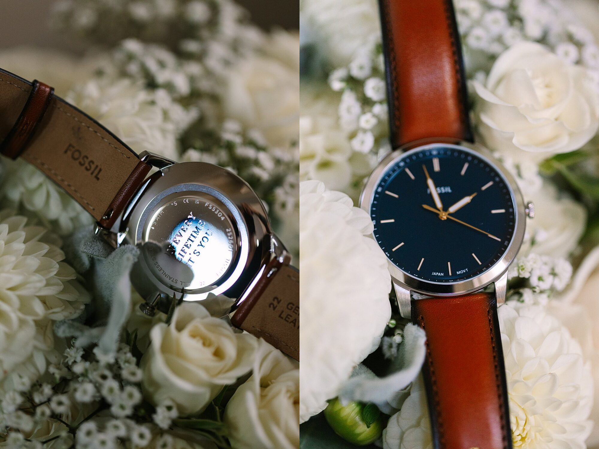 A Fossil wristwatch with a brown leather strap rests on white flowers; one image shows the black watch face, the other displays the engraved back.