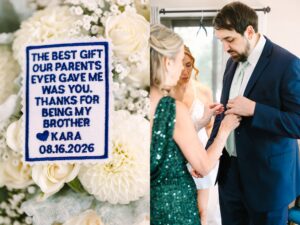 A close-up of an embroidered patch with a heartfelt message beside a scene of a man in a suit being helped with his boutonnière by two women, one in a white dress and one in a green dress, in a bright room.