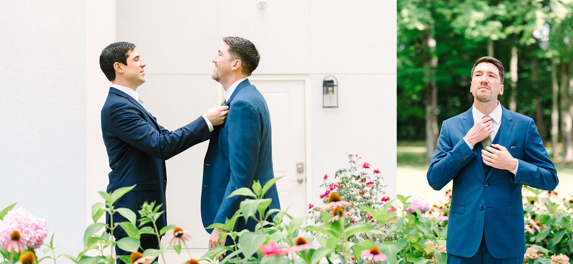 Two men in blue suits stand among flowers; one adjusts the others tie. On the right, one man stands alone, straightening his tie, greenery and flowers in the background.