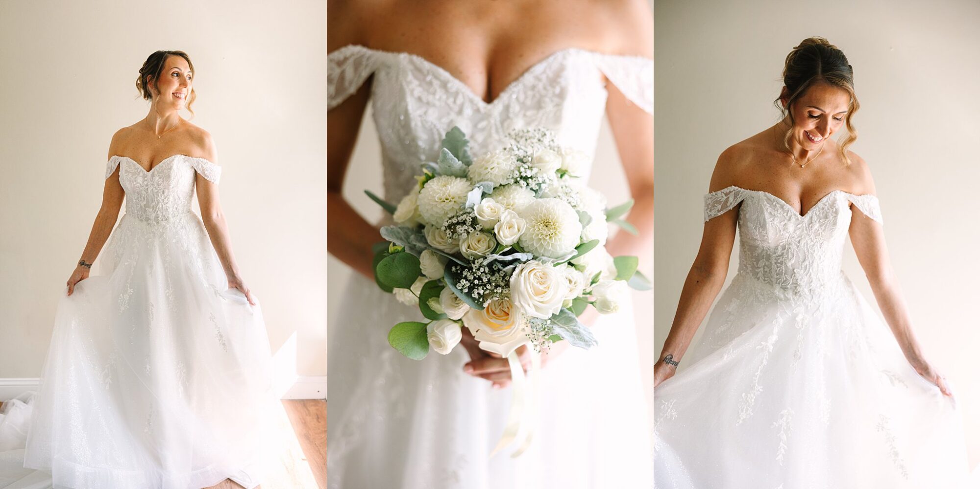 A bride in an off-shoulder white lace gown poses, holding her dress. Center close-up shows her bouquet of white roses and greenery.