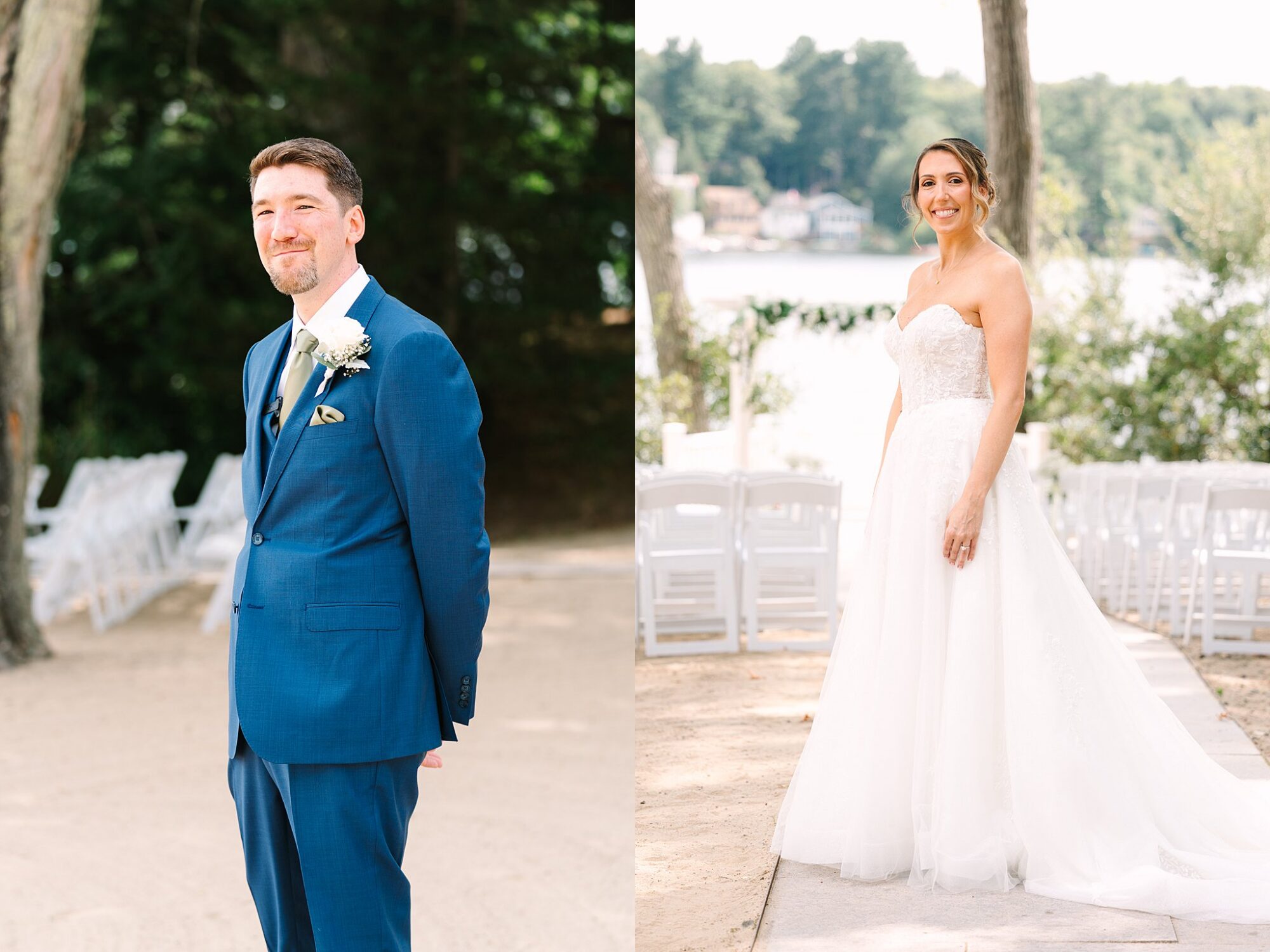 A groom in a blue suit stands outdoors, smiling. Beside him, a bride in a white strapless gown stands outside near white chairs and trees, smiling at the camera.