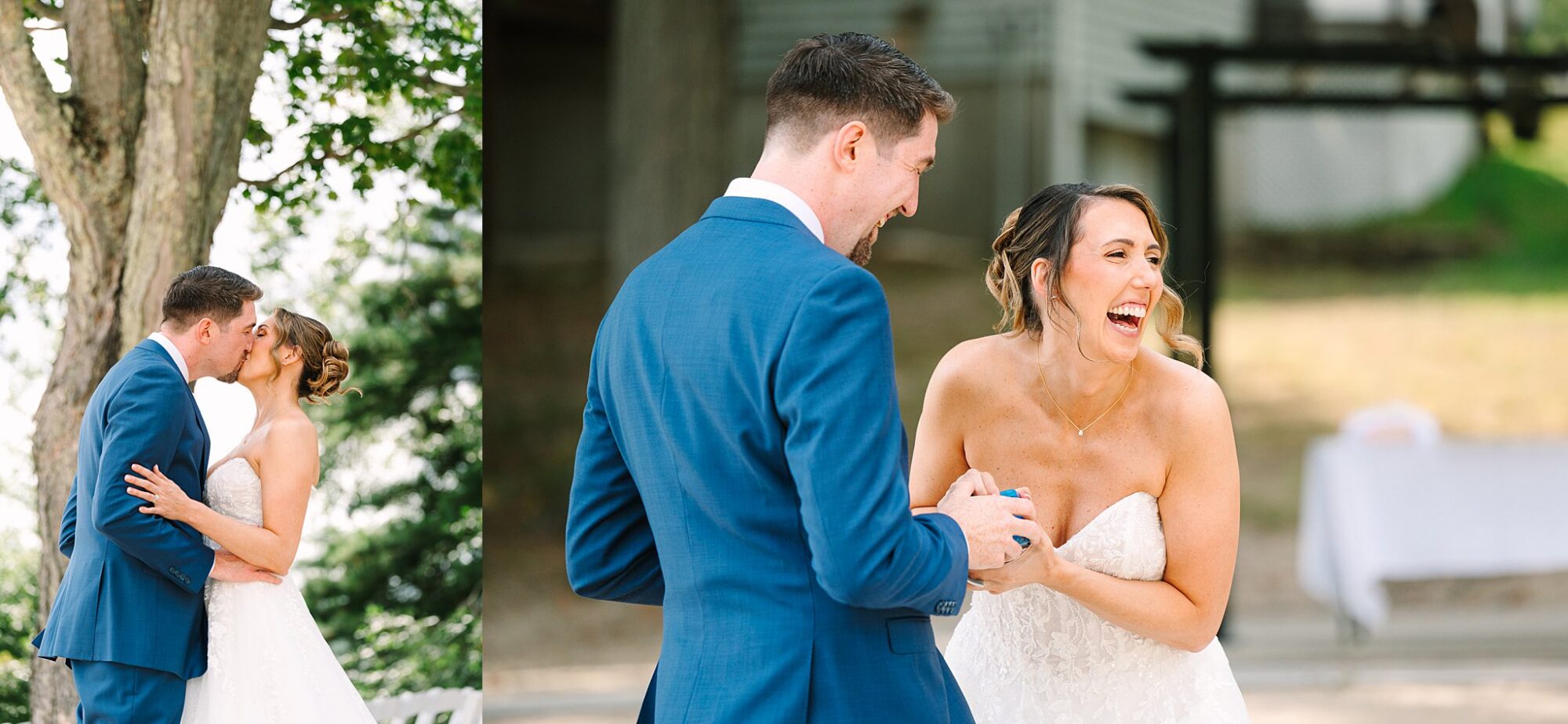 A bride and groom share a kiss in one photo and laugh joyfully together in another, both outdoors in wedding attire.