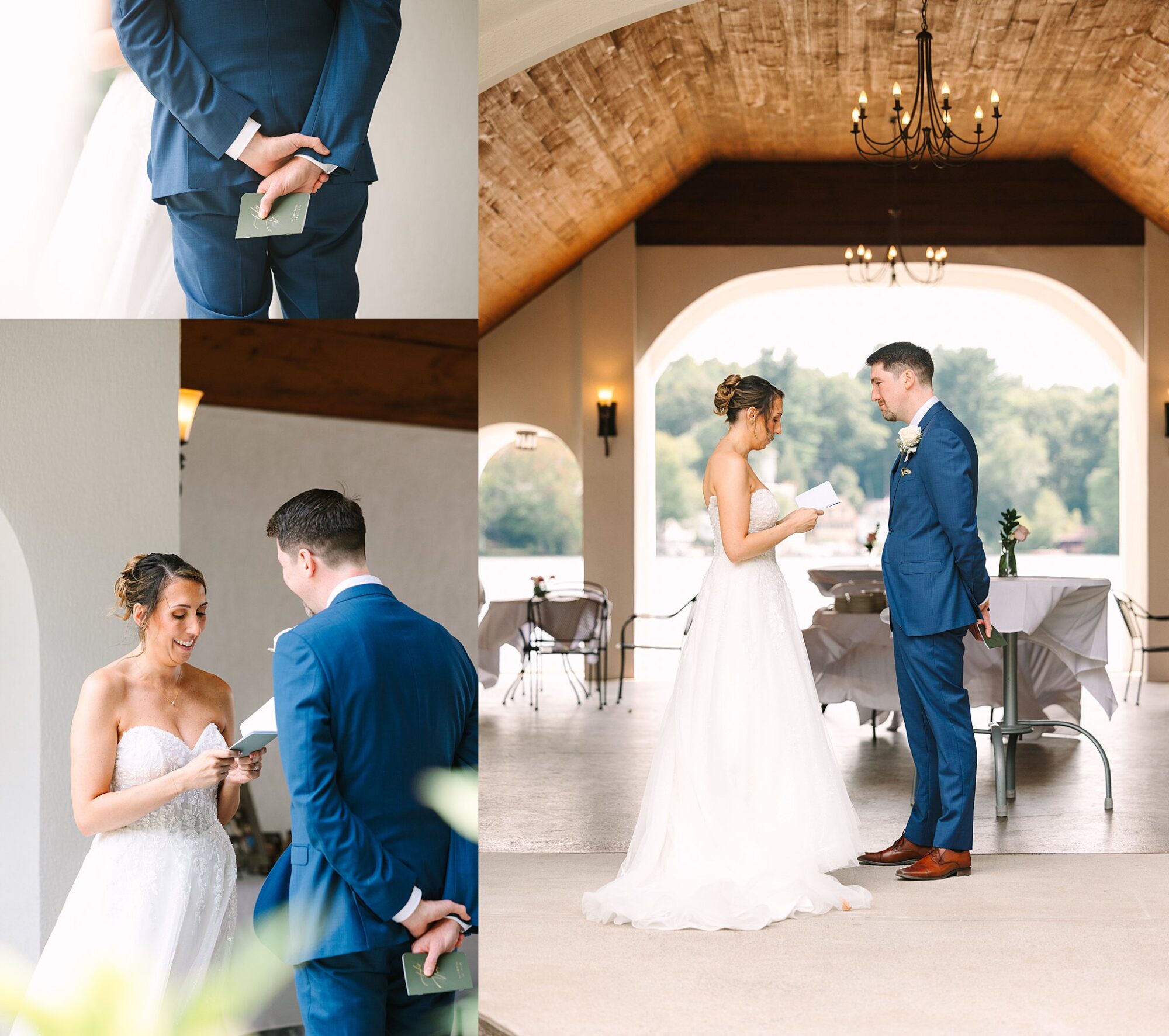 A bride and groom exchange handwritten vows during an indoor wedding ceremony. The groom holds a note behind his back in one image. Both wear formal attire, standing under elegant chandeliers.
