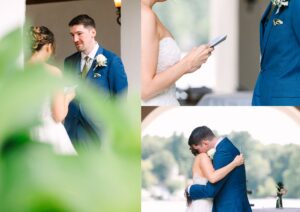A bride and groom in wedding attire exchange vows and embrace outdoors, with greenery and soft natural light in the background.