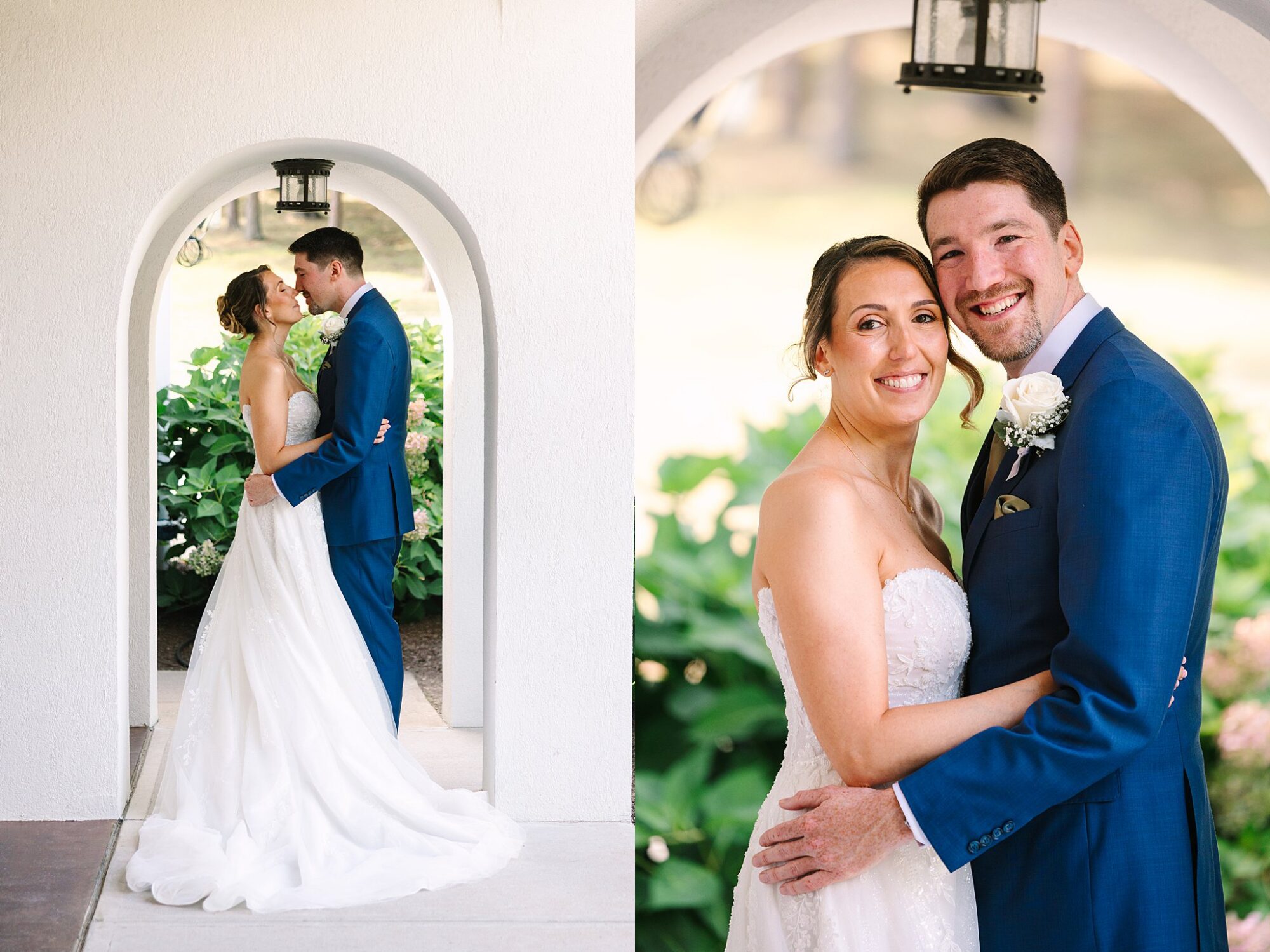 A bride and groom pose together on their wedding day; one photo shows them embracing under an arch, and the other shows them smiling and hugging outdoors with greenery in the background.