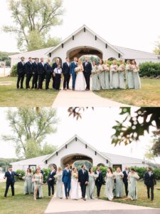 A wedding party stands in front of a white building, with bridesmaids in sage green dresses and groomsmen in dark suits in the first photo, and walking and smiling in the second photo.