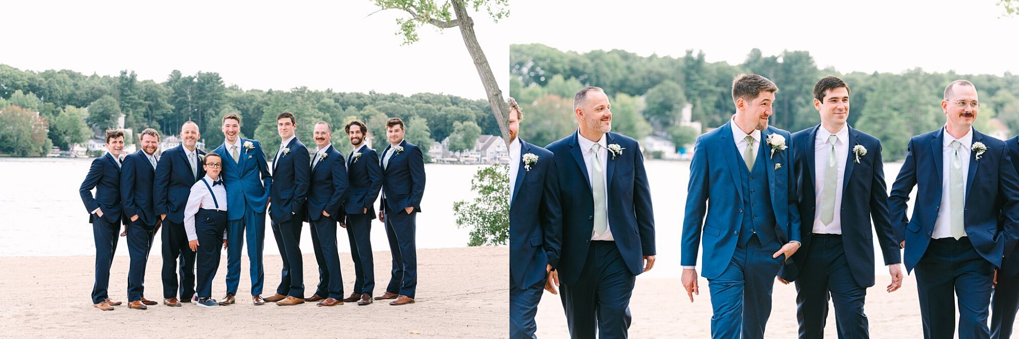 Groomsmen in navy suits and a young boy in suspenders stand on a sandy beach by a lake; in the second photo, four men in suits walk together, smiling. Trees and houses are visible in the background.