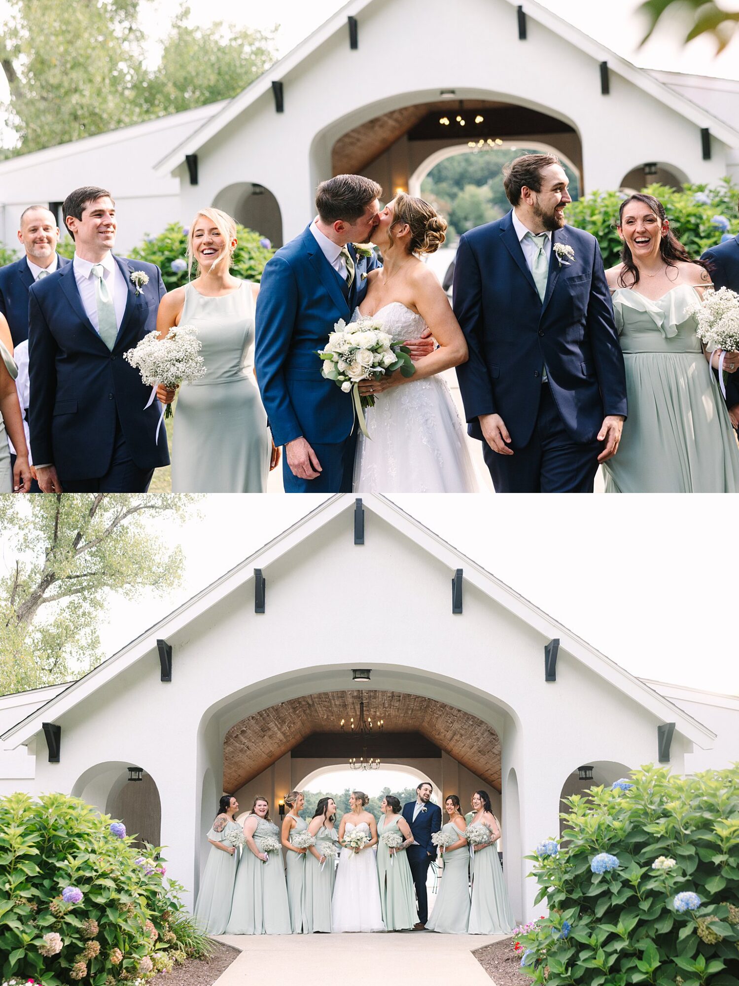 Two wedding photos: The first shows a newlywed couple kissing and smiling with their bridal party in light green dresses and blue suits. The second shows the full group posing together outside a white building.