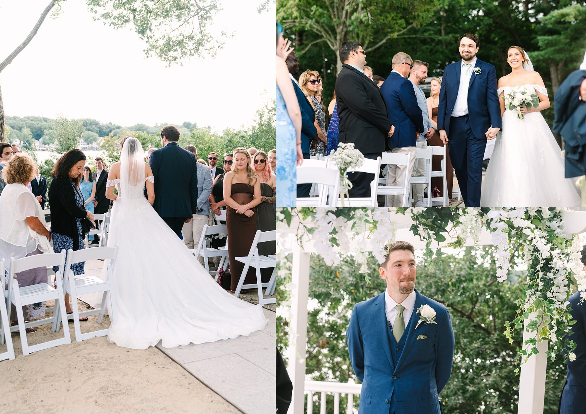 A bride walks down the aisle outdoors; guests watch. Another image shows the couple holding hands and smiling. A groom, in a blue suit, stands beneath a floral arch.
