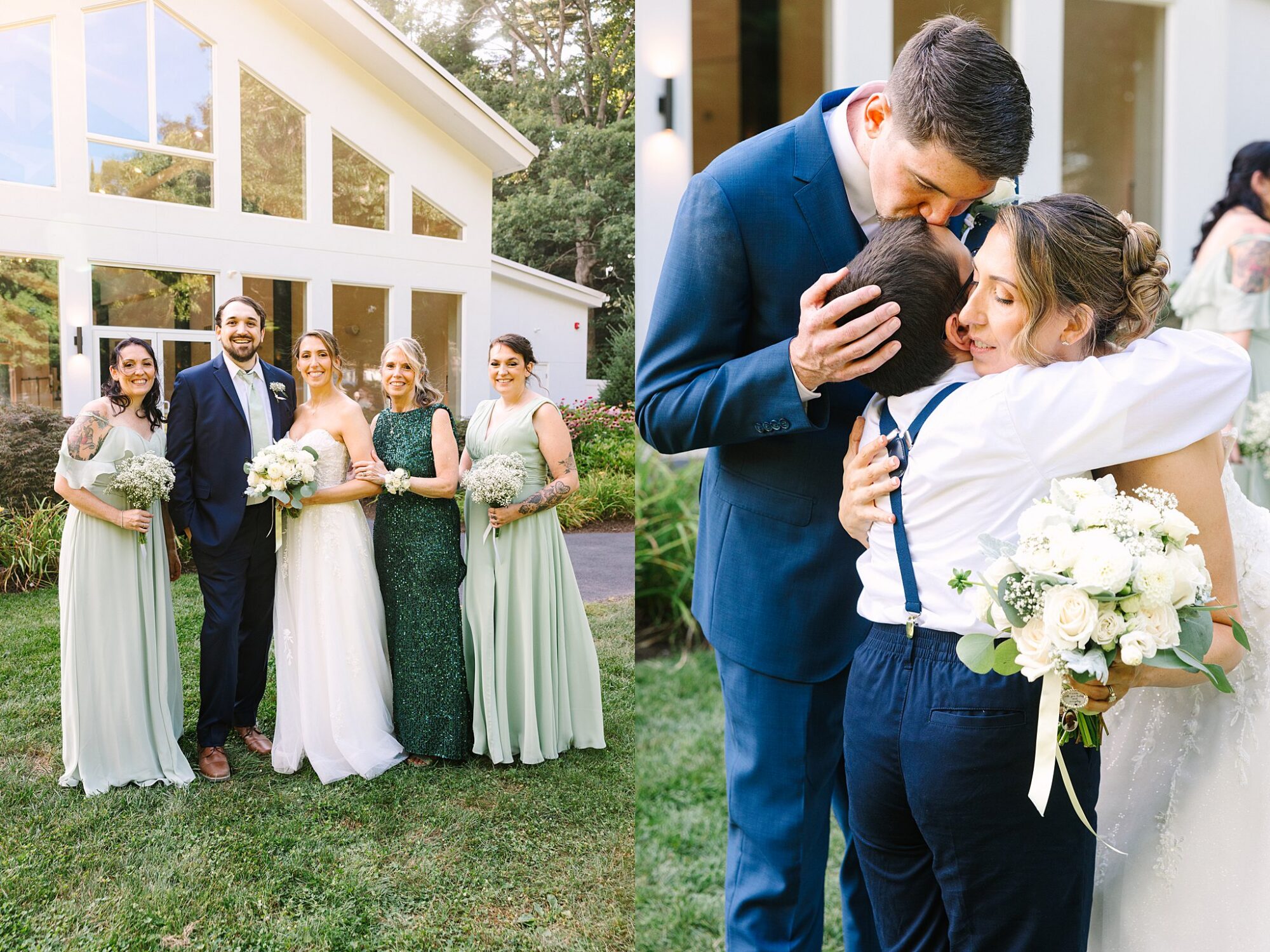 A wedding party poses outside in formal attire; next, a groom kisses a boys head as the bride hugs the boy, holding a bouquet of white flowers. Natural light and greenery surround them.
