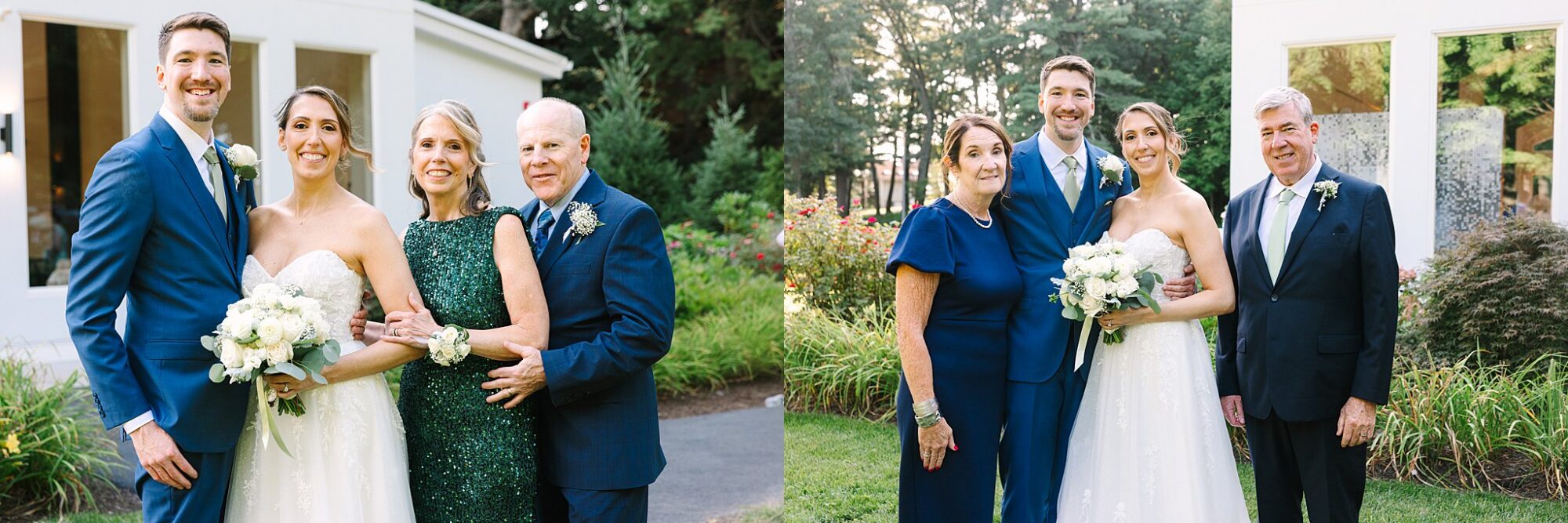 Two side-by-side photos of a bride and groom in wedding attire posing outdoors with their respective parents, all smiling in front of a white building and greenery.