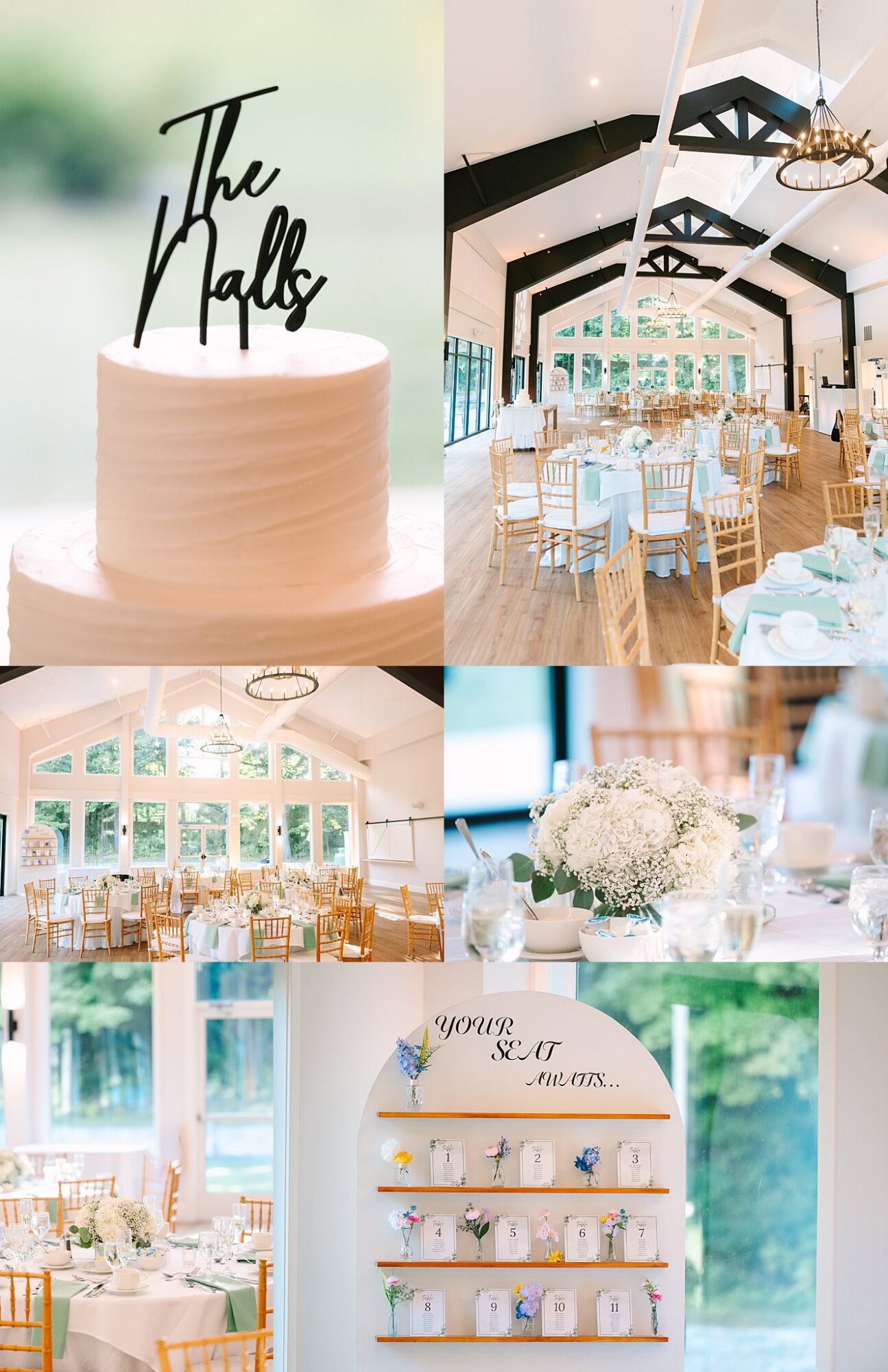 Collage of a white wedding cake, elegant reception hall with gold chairs, tables with white flowers, and a seating chart display with cards and a Your Seat Awaits sign.