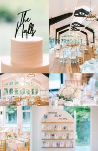 Collage of a white wedding cake, elegant reception hall with gold chairs, tables with white flowers, and a seating chart display with cards and a Your Seat Awaits sign.
