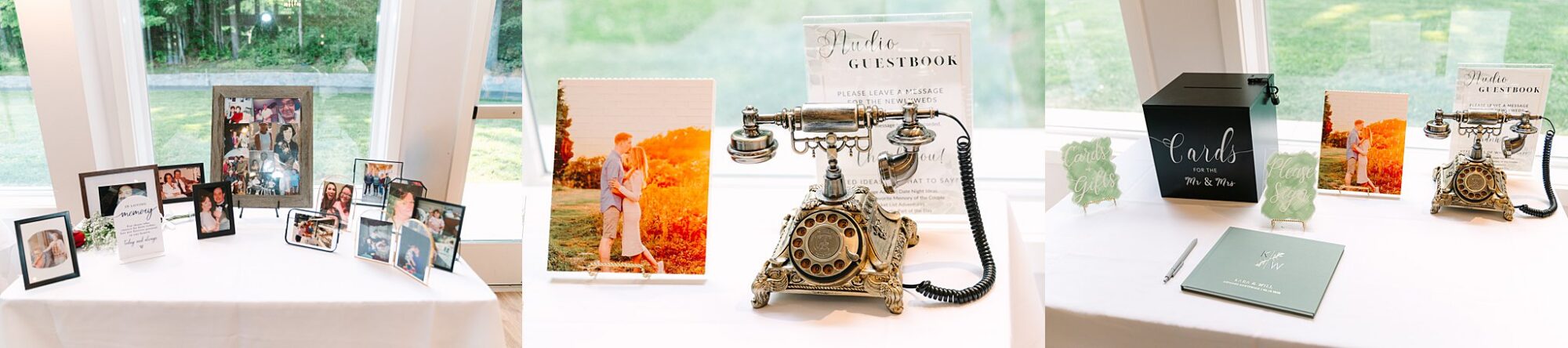 Three wedding tables: one with framed photos, one with a vintage rotary phone and guestbook signs, and one with a card box, drinks, and a guestbook, all set near large windows.
