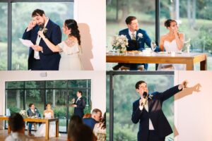 A collage of wedding reception moments: a man wipes tears as a woman comforts him, the bride and groom sit at a table, a man delivers a speech, and the same man gestures passionately while speaking.
