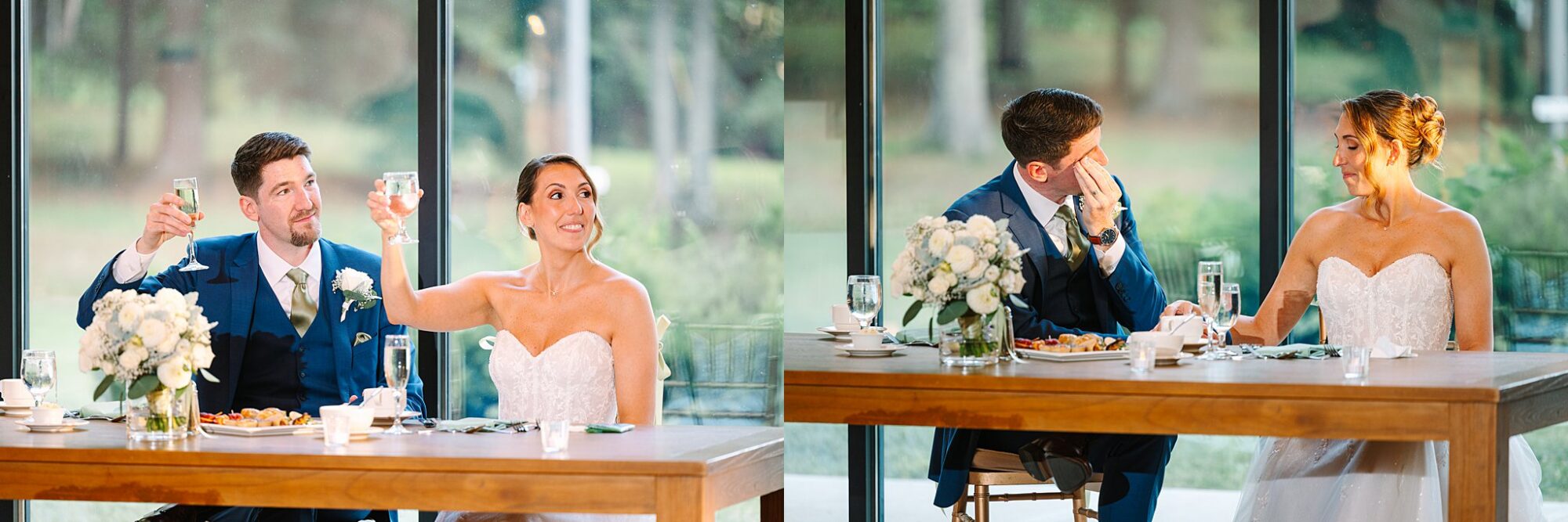 A bride and groom sit at a table, raising glasses in a toast in one frame, and in the next, the groom wipes his eyes while the bride smiles at him.
