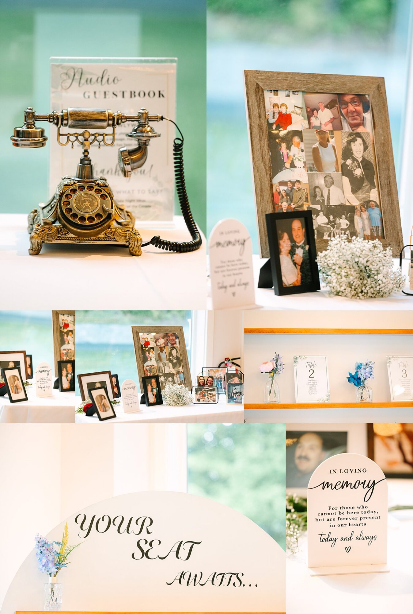 A collage of wedding decor: a vintage phone guestbook, framed family photos, Your seat awaits... sign, table numbers with flowers, and an In loving memory sign for loved ones.