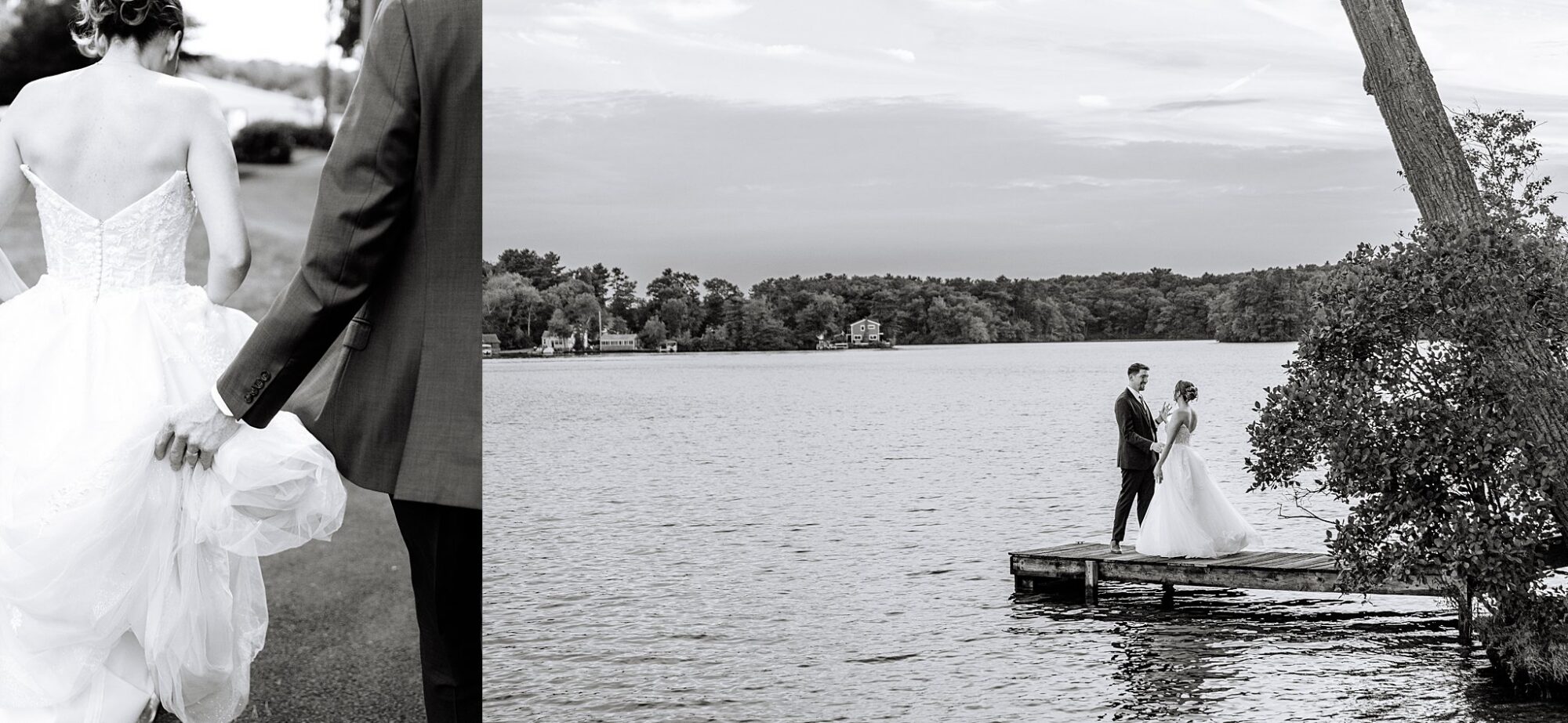 Two black-and-white wedding photos: one shows a couple walking hand in hand, the other shows them standing together on a dock by a peaceful lake with trees in the background.