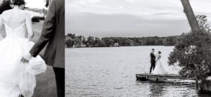 Two black-and-white wedding photos: one shows a couple walking hand in hand, the other shows them standing together on a dock by a peaceful lake with trees in the background.