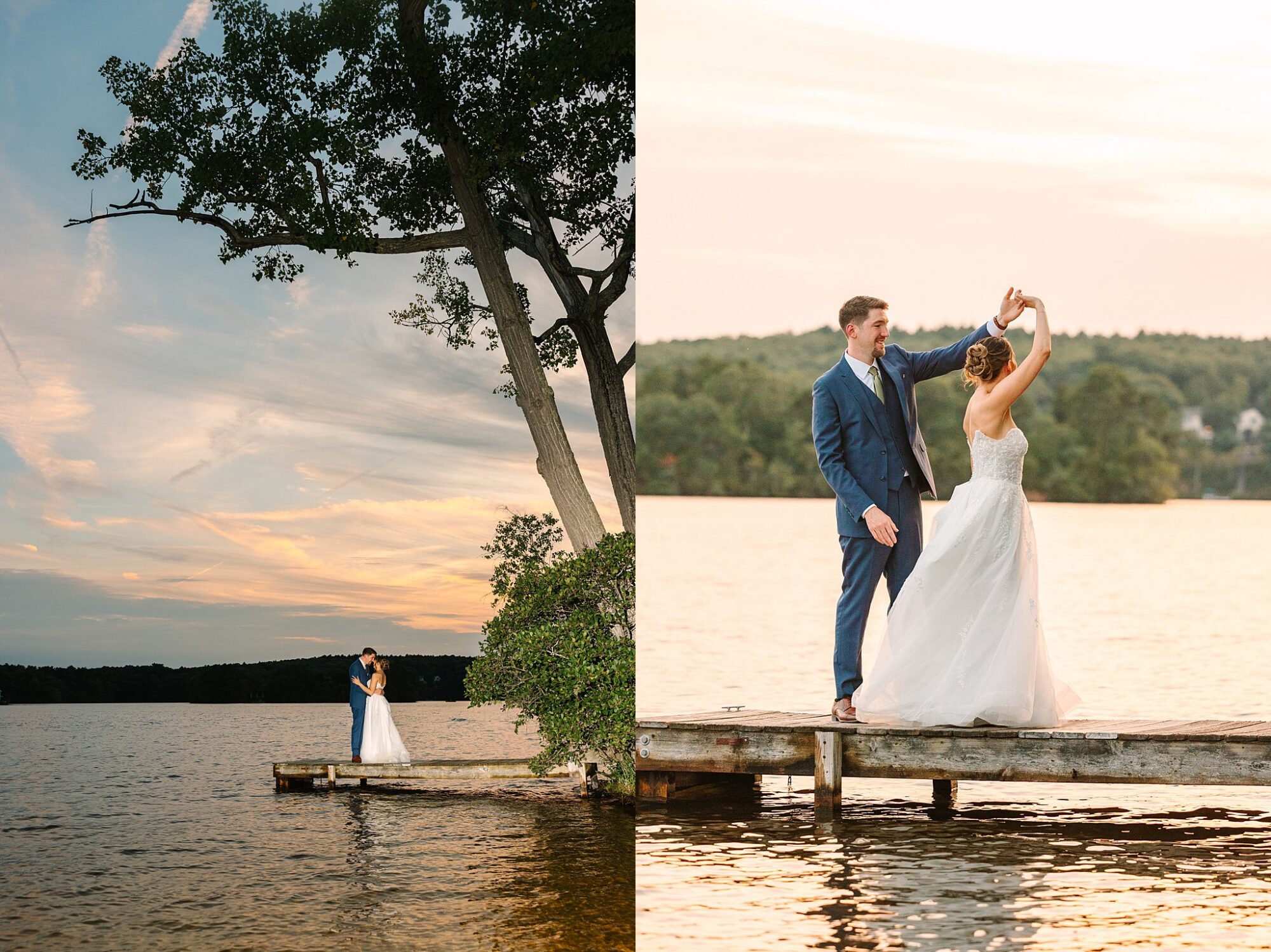 A bride and groom dance on a wooden dock by a lake at sunset, surrounded by trees and calm water, with the sky softly glowing in pastel colors.