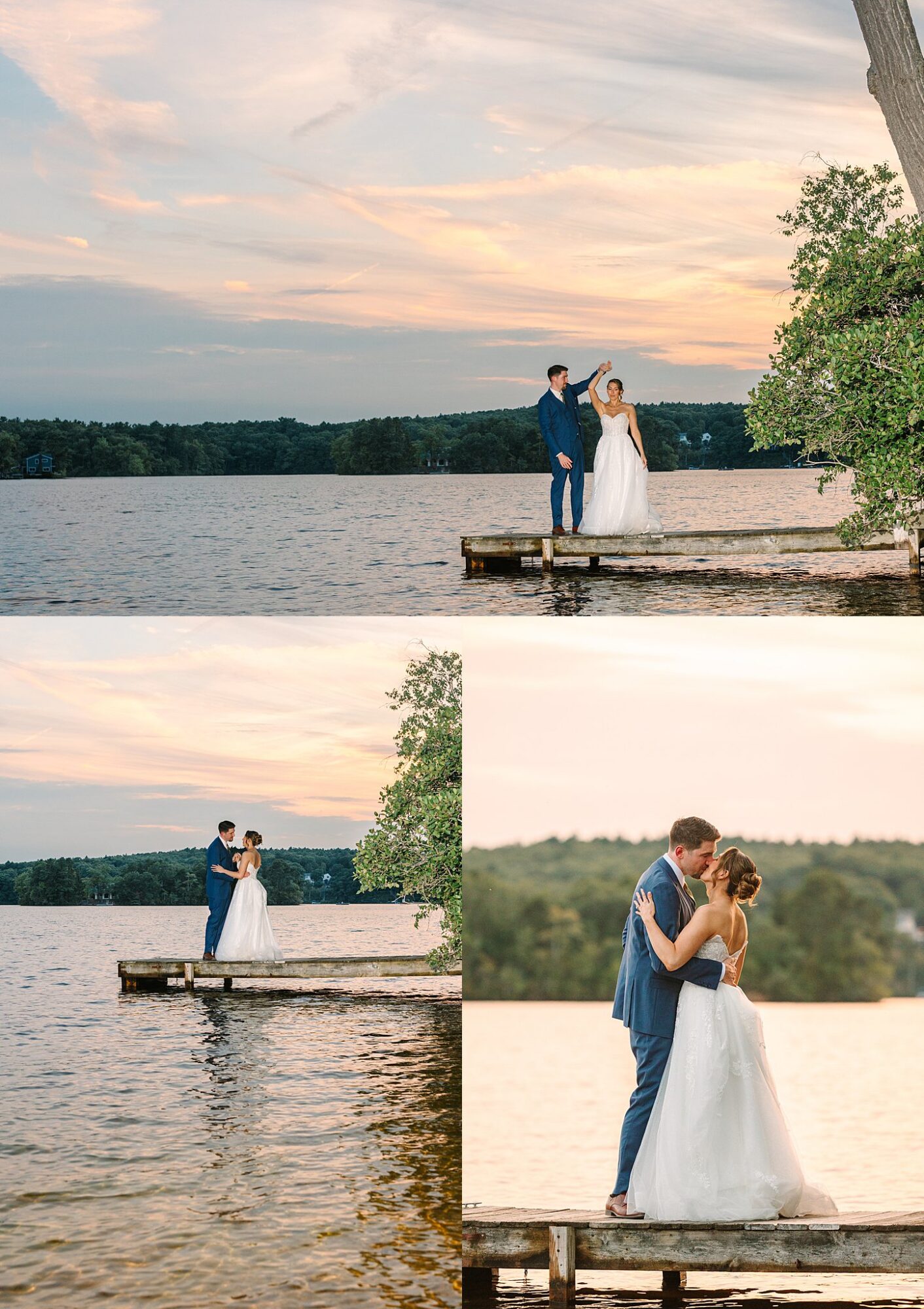 A bride and groom stand and embrace on a wooden dock by a lake at sunset, surrounded by calm water and trees, under a colorful sky.