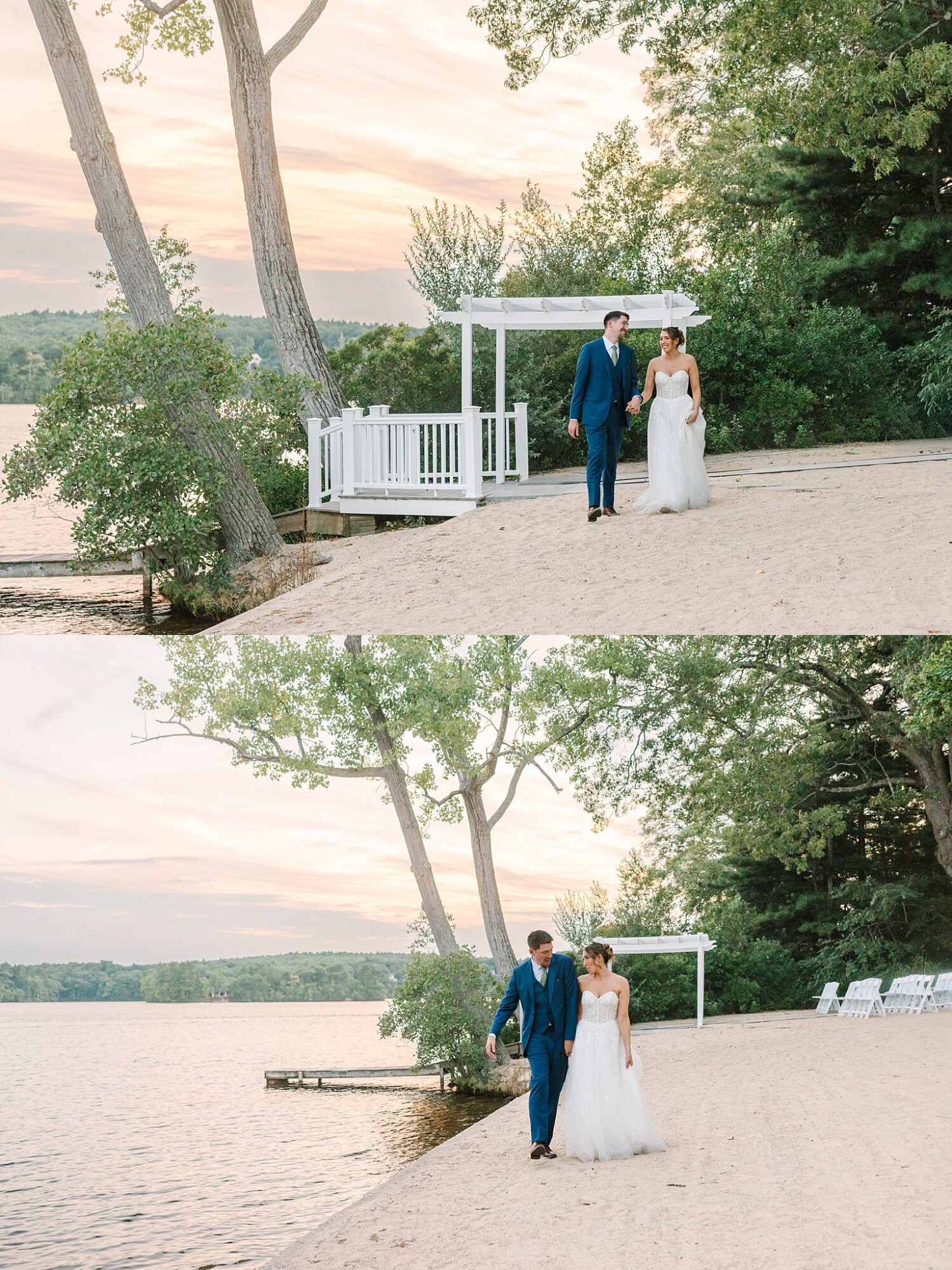 A bride and groom walk hand in hand along a sandy lakeside beach at sunset, surrounded by trees and a white gazebo.