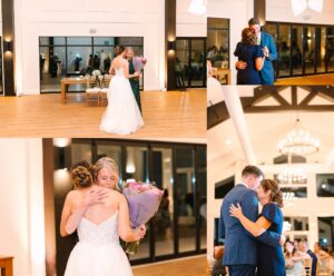 A bride hugs an older woman and gives her flowers; they both appear emotional. Nearby, a man in a suit hugs the older woman during a wedding reception in a bright, elegant venue.