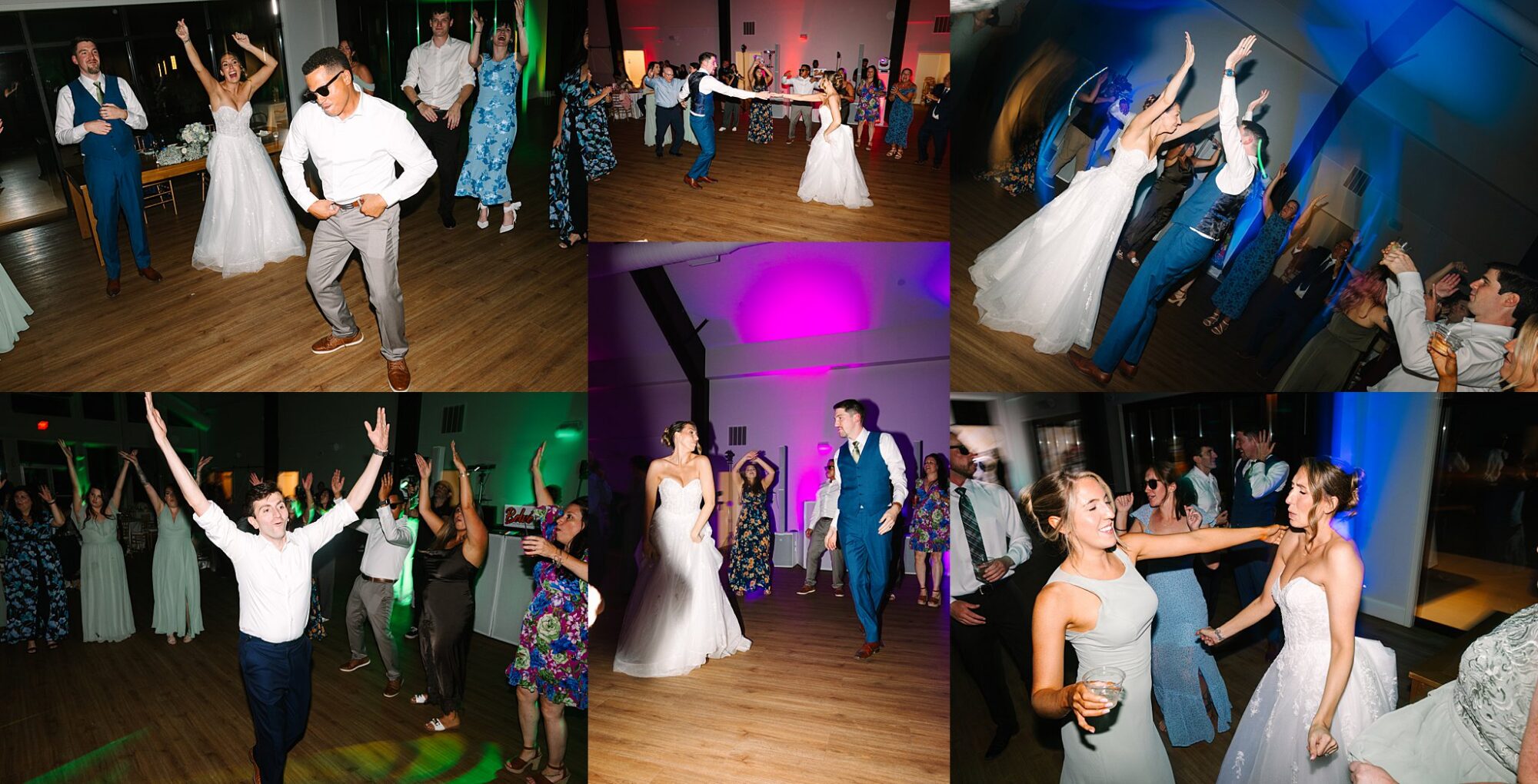 Wedding reception dance floor collage: guests in formal attire dance energetically under colorful lights, a bride and groom in wedding attire celebrate with friends and family, everyone appears joyful and festive.