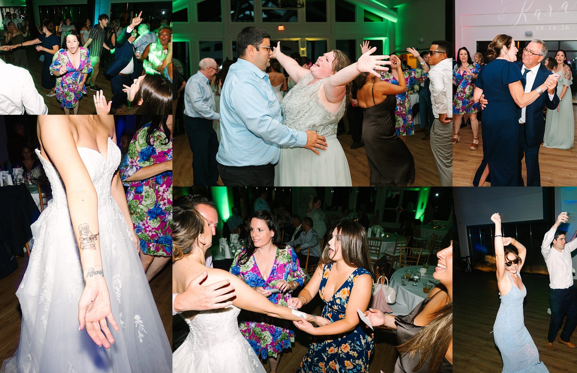 A collage of joyful wedding guests dancing, smiling, and celebrating on a lively dance floor with colorful lights and festive attire.