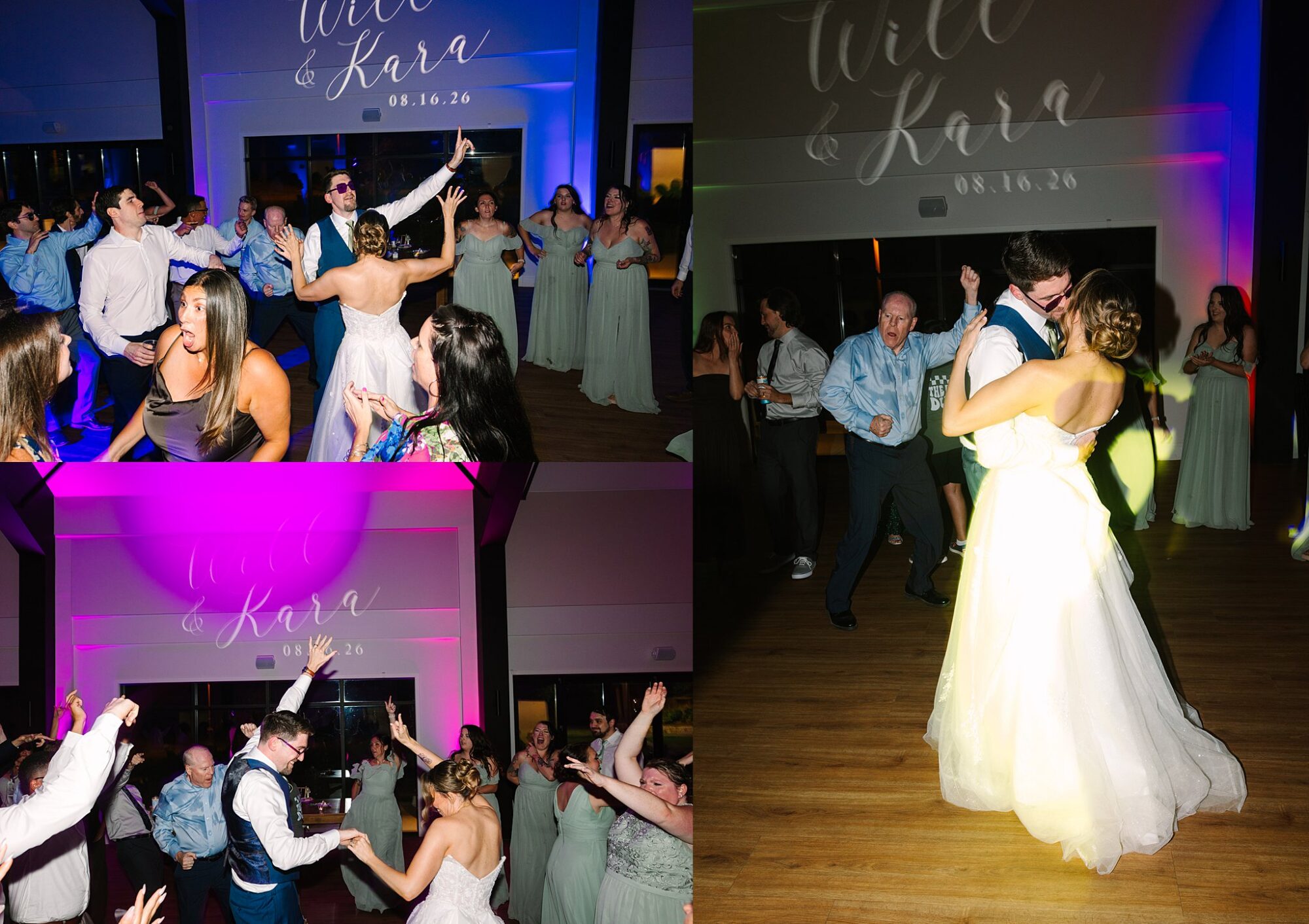 A bride and groom dance at their wedding reception, surrounded by cheering guests on a colorful, lively dance floor. A projected sign reads Will & Kara 08.16.26..