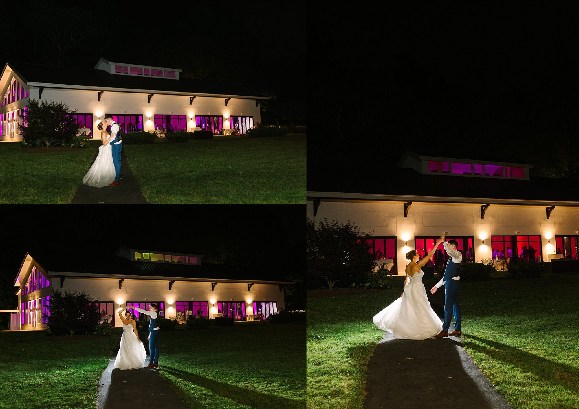 A bride and groom dance outside a brightly lit building at night, with colorful purple and pink lights shining through the windows.